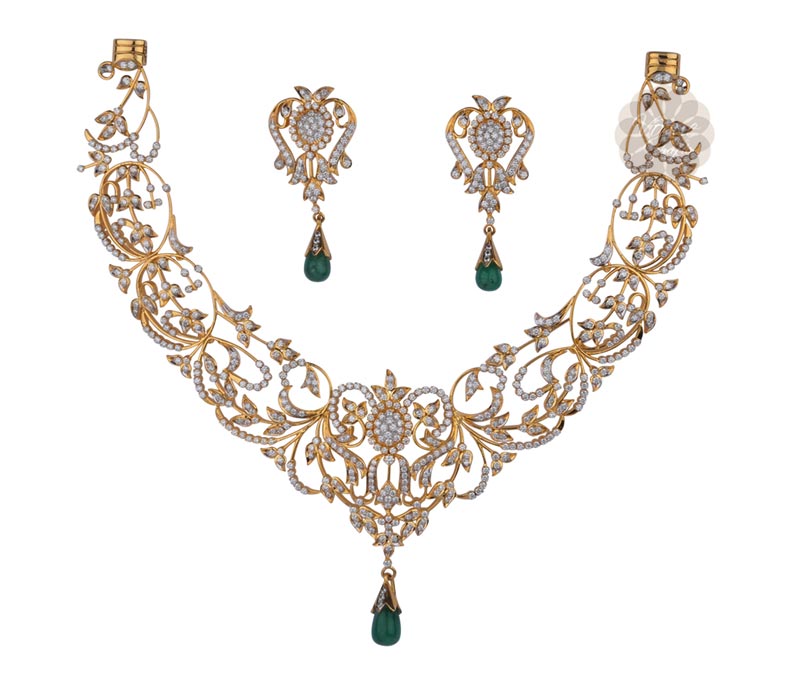 Vogue Crafts & Designs Pvt. Ltd. manufactures Green Emerald and Gold Necklace at wholesale price.